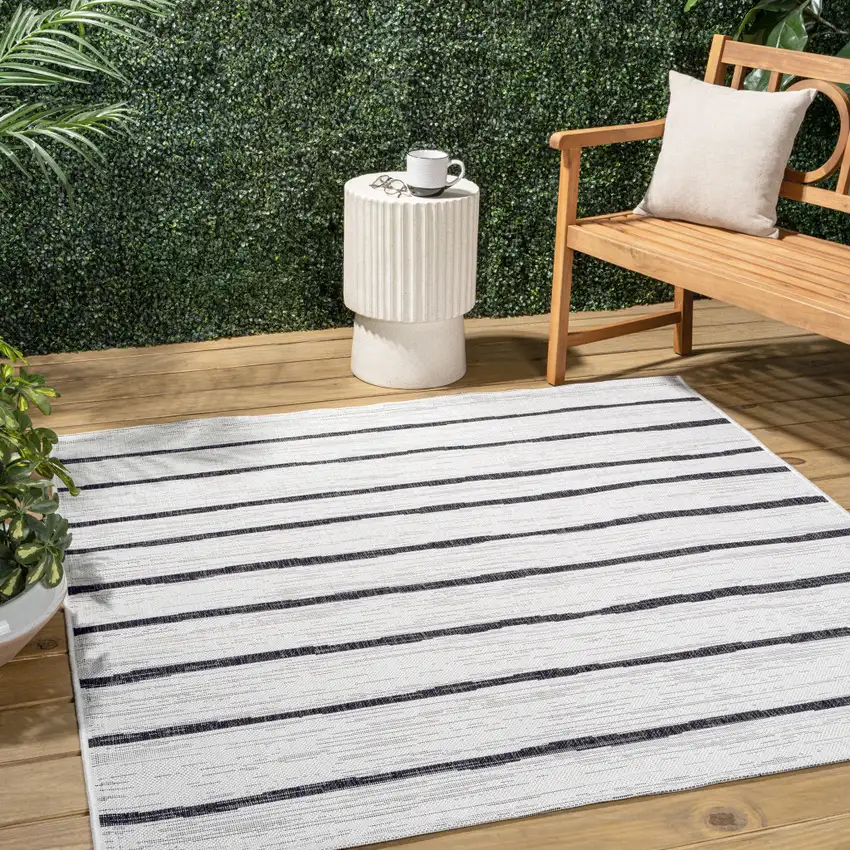 8' Ivory And Black Square Striped Indoor Outdoor Area Rug Photo 5