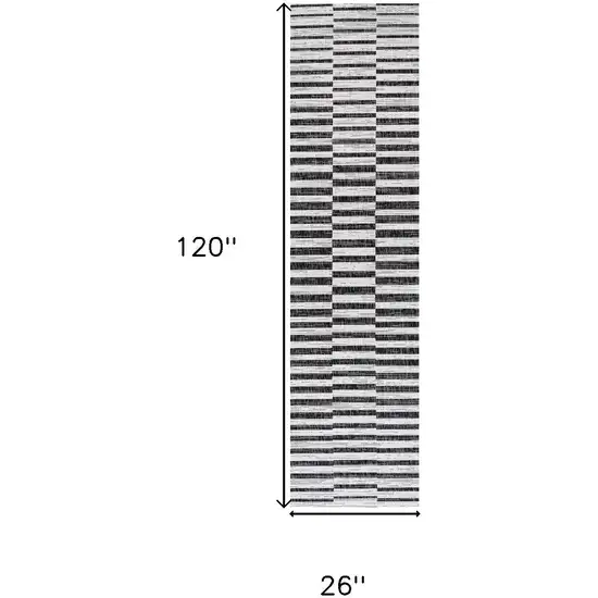 10' Ivory And Black Striped Indoor Outdoor Runner Rug Photo 3