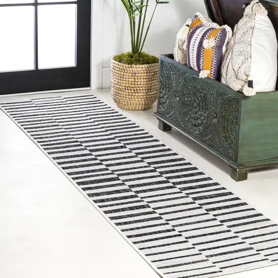 10' Ivory And Black Striped Indoor Outdoor Runner Rug Photo 4