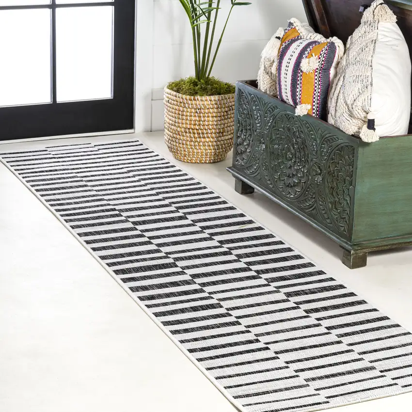 8' Ivory And Black Striped Indoor Outdoor Runner Rug Photo 4