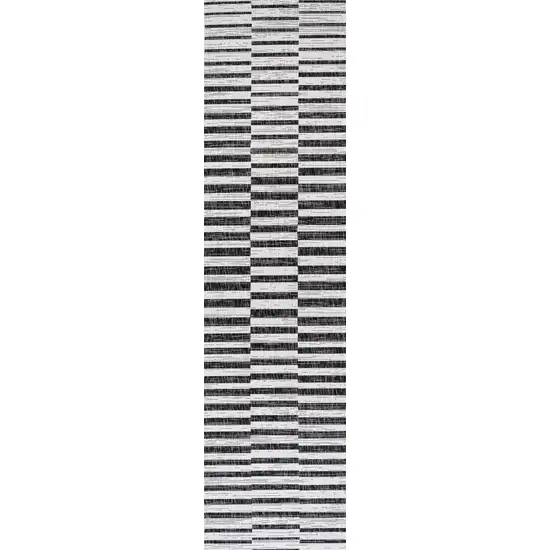 8' Ivory And Black Striped Indoor Outdoor Runner Rug Photo 2