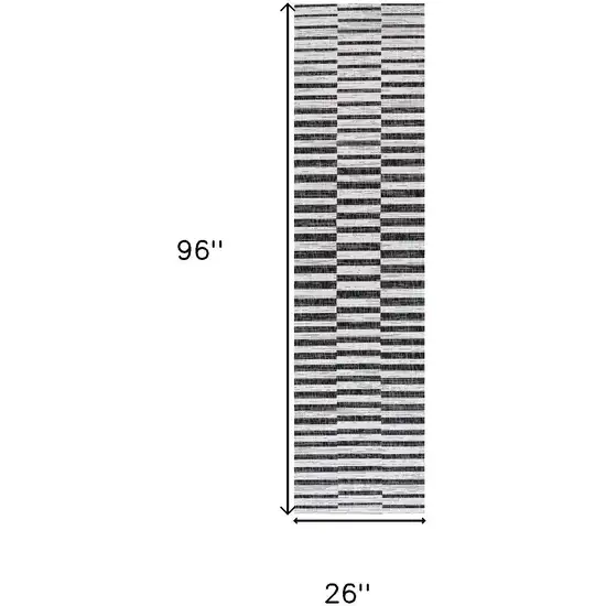 8' Ivory And Black Striped Indoor Outdoor Runner Rug Photo 3