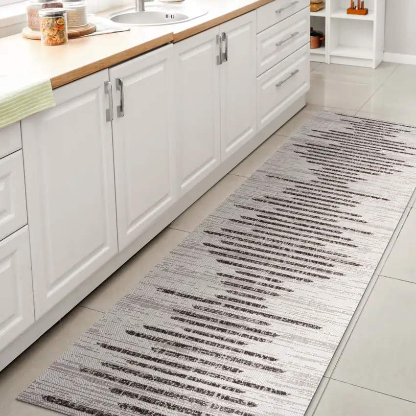 8' Ivory And Black Striped Indoor Outdoor Runner Rug Photo 8