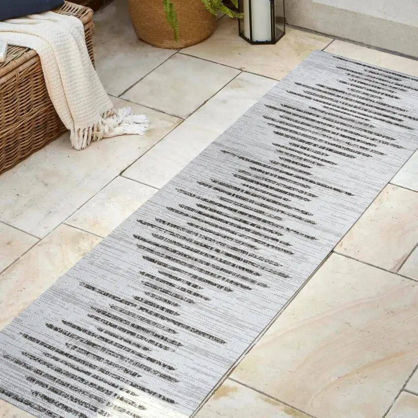 20' Ivory And Black Striped Indoor Outdoor Runner Rug Photo 5