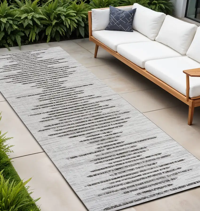 20' Ivory And Black Striped Indoor Outdoor Runner Rug Photo 1