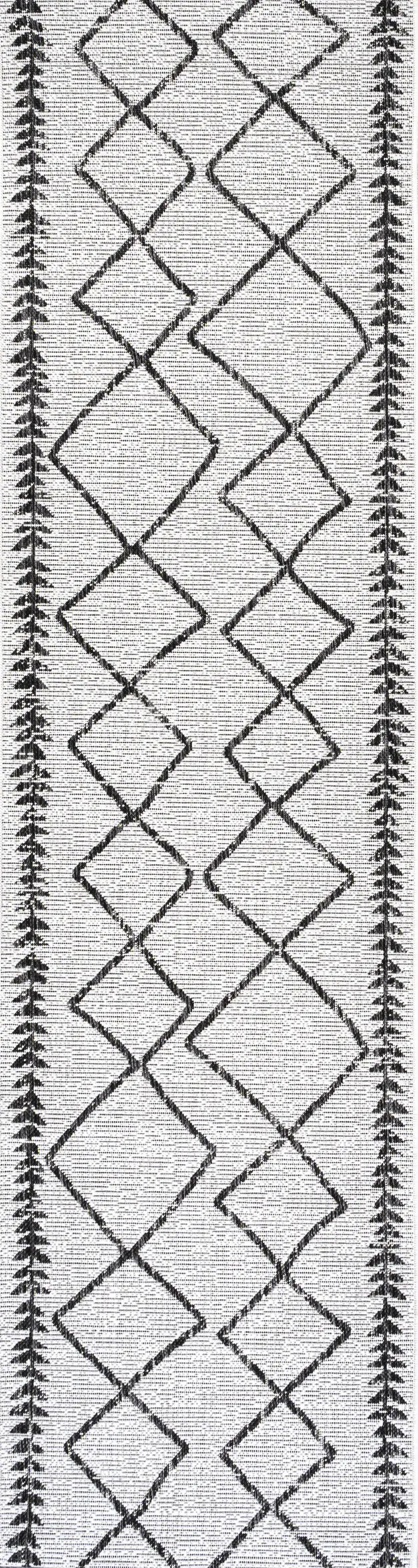 8' Ivory And Black Trellis Indoor Outdoor Runner Rug Photo 2