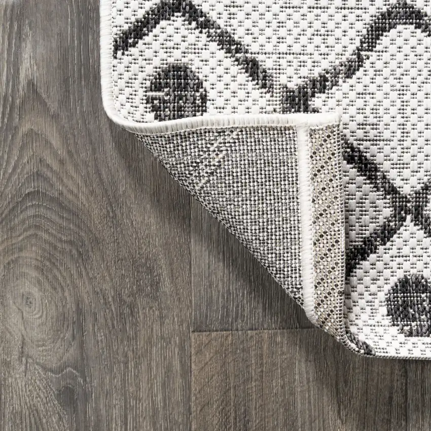 10' Ivory And Black Trellis Indoor Outdoor Runner Rug Photo 7