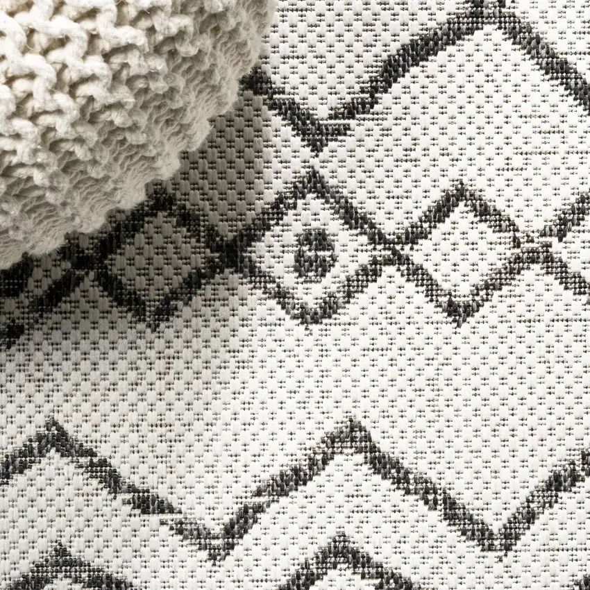 8' Ivory And Black Trellis Indoor Outdoor Runner Rug Photo 2