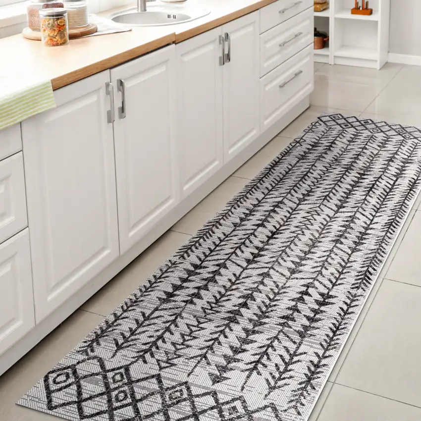 8' Ivory And Black Trellis Indoor Outdoor Runner Rug Photo 6