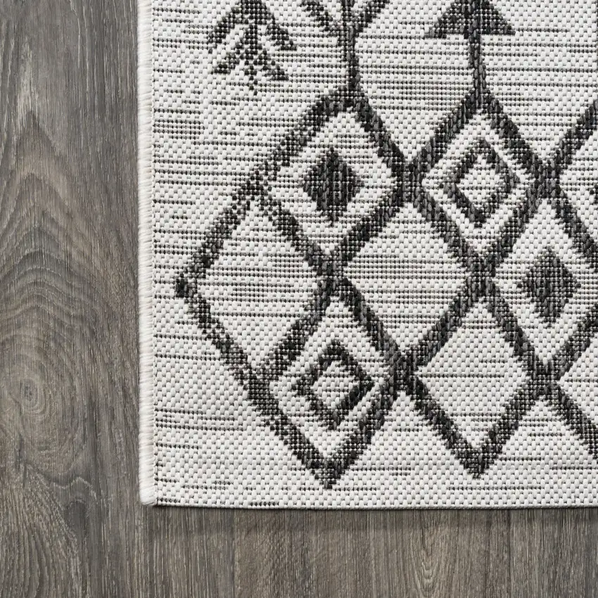 8' Ivory And Black Trellis Indoor Outdoor Runner Rug Photo 8