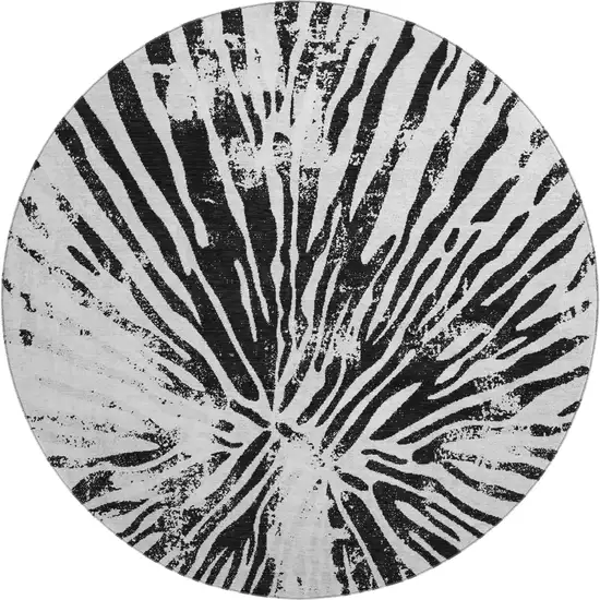 8' Ivory And Black Zebra Print Washable Round Rug With UV Protection Photo 1