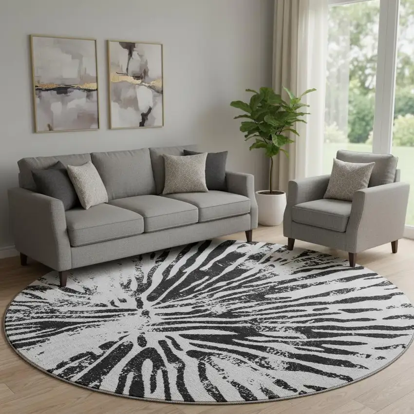 8' Ivory And Black Zebra Print Washable Round Rug With UV Protection Photo 1