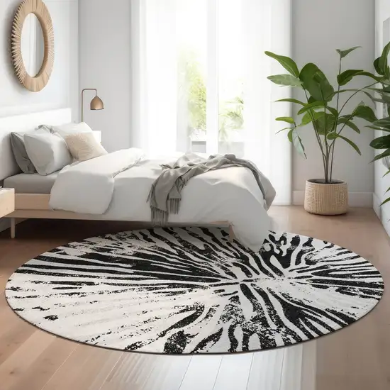 8' Ivory And Black Zebra Print Washable Round Rug With UV Protection Photo 5