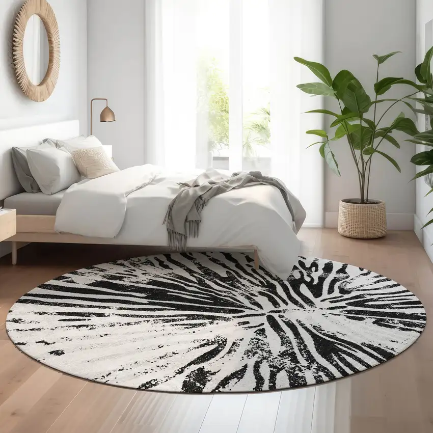 8' Ivory And Black Zebra Print Washable Round Rug With UV Protection Photo 5