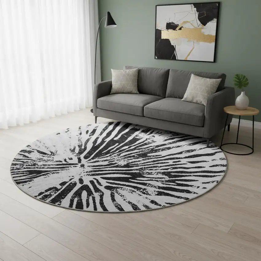 8' Ivory And Black Zebra Print Washable Round Rug With UV Protection Photo 2