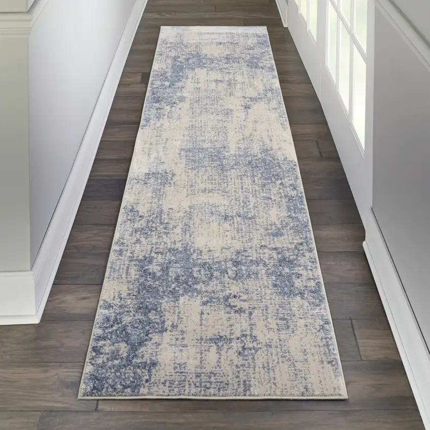 8' Ivory And Blue Abstract Non Skid Runner Rug Photo 4