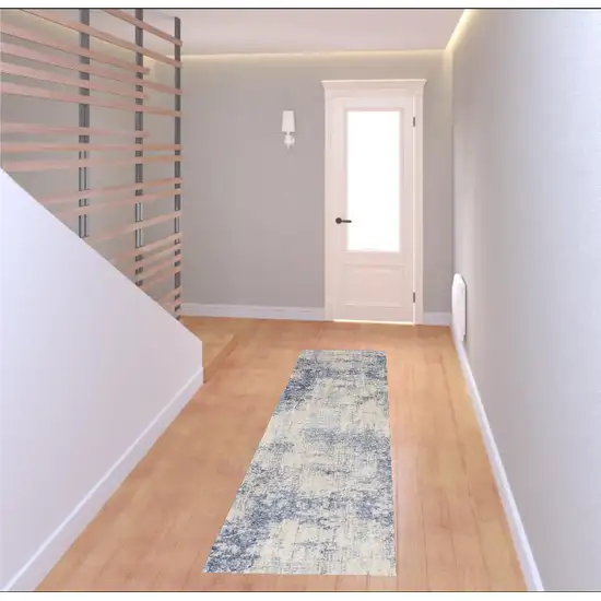 8' Ivory And Blue Abstract Non Skid Runner Rug Photo 1