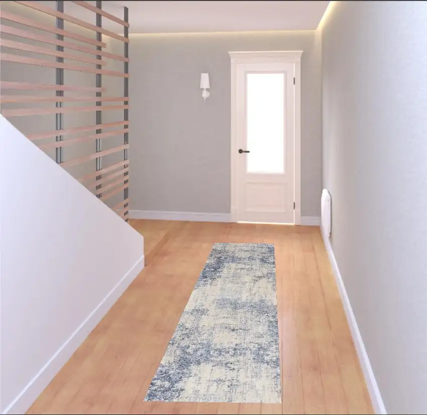 8' Ivory And Blue Abstract Non Skid Runner Rug Photo 1