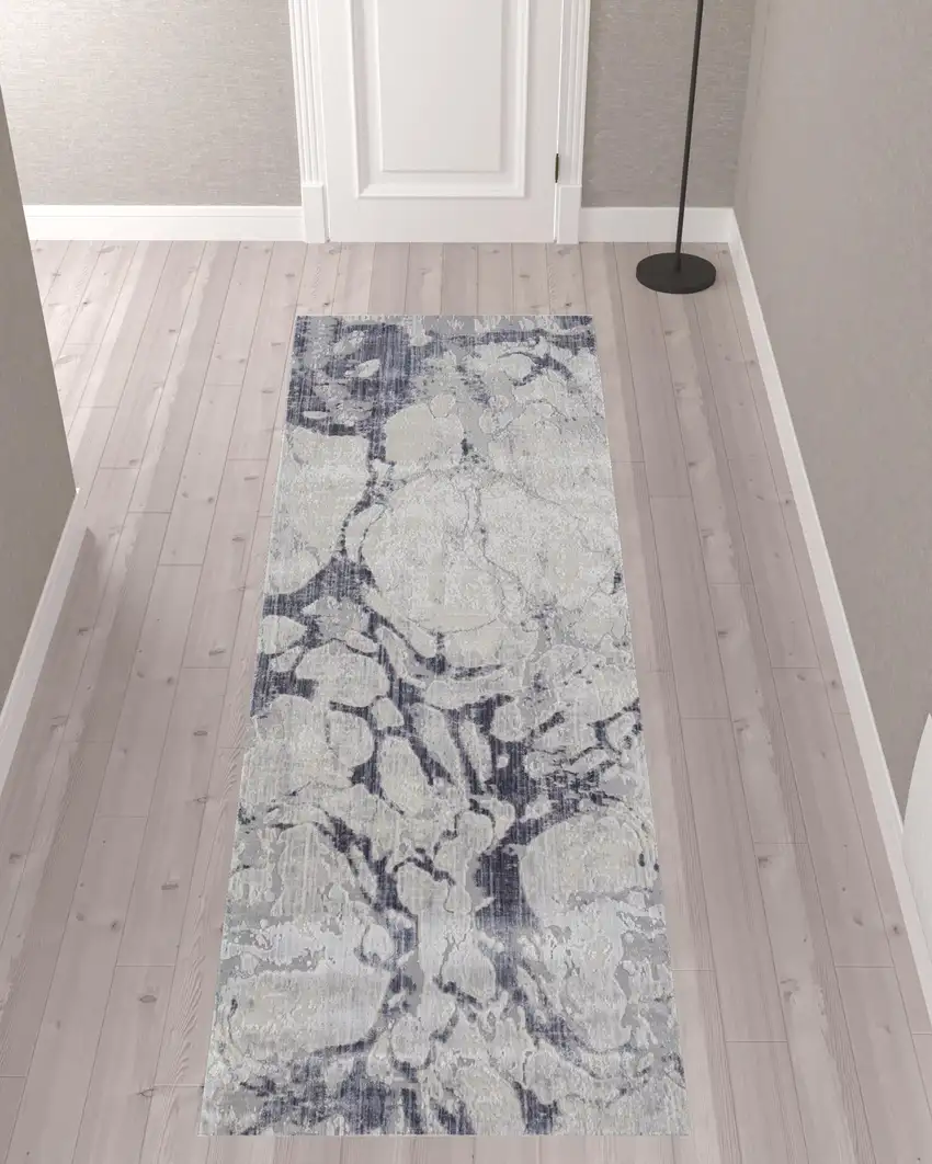 10' Ivory And Blue Abstract Power Loom Distressed Runner Rug Photo 2