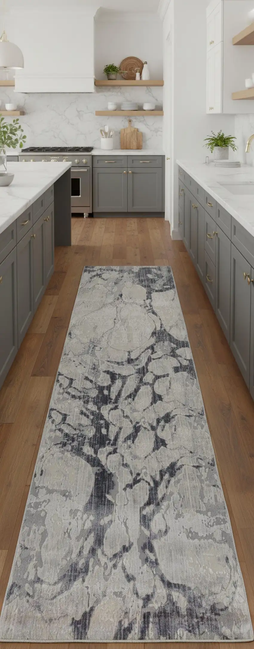 8' Ivory And Blue Abstract Power Loom Distressed Runner Rug Photo 1