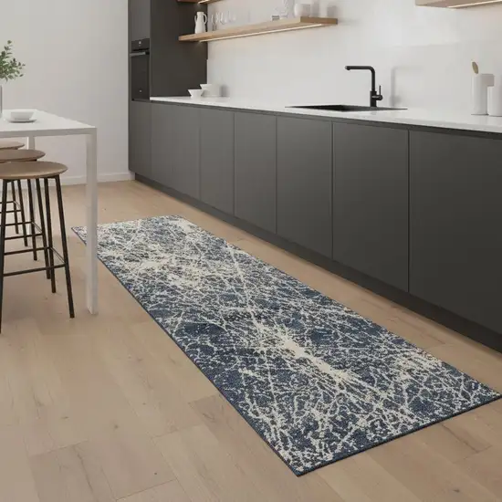 8' Ivory And Blue Abstract Runner Rug Photo 1