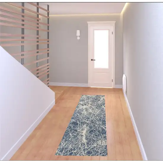 8' Ivory And Blue Abstract Runner Rug Photo 1