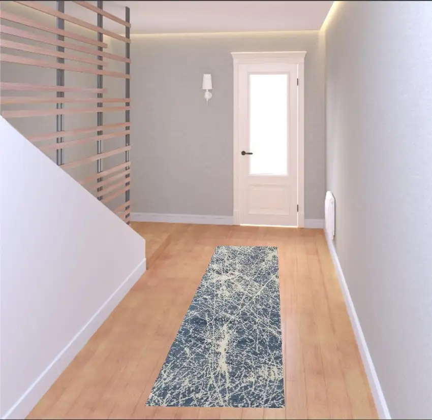 8' Ivory And Blue Abstract Runner Rug Photo 1