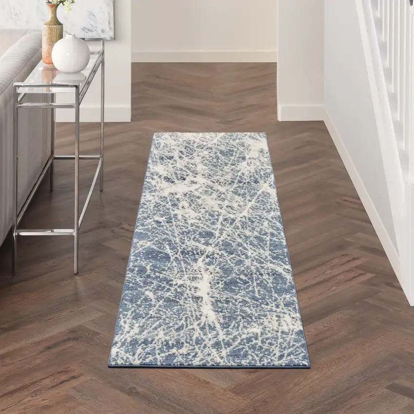 8' Ivory And Blue Abstract Runner Rug Photo 4