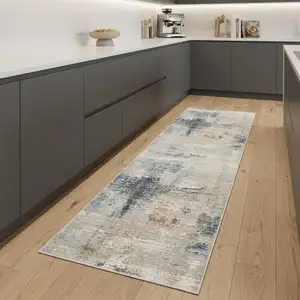 Photo of 8' Ivory And Blue Abstract Runner Rug