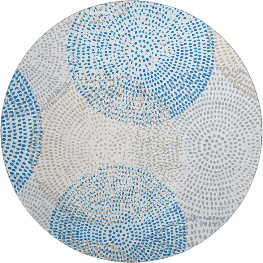 8' Ivory And Blue Abstract Washable Round Rug With UV Protection Photo 1