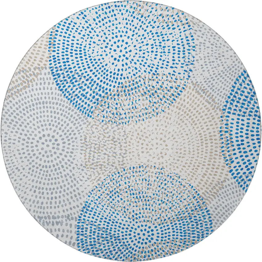 8' Ivory And Blue Abstract Washable Round Rug With UV Protection Photo 4