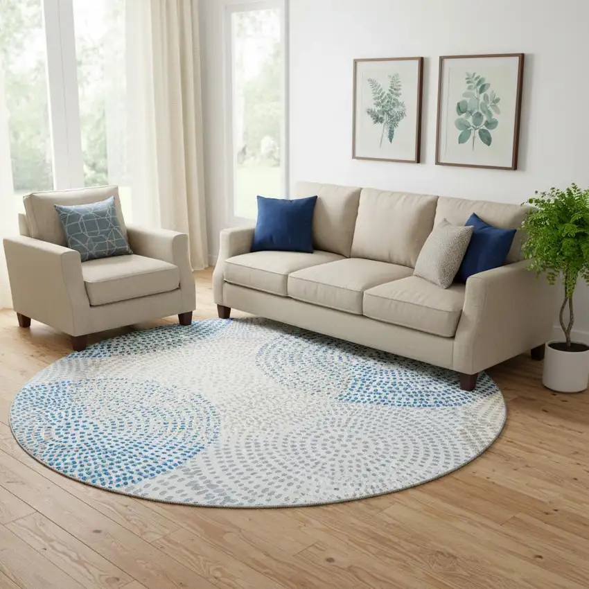 8' Ivory And Blue Abstract Washable Round Rug With UV Protection Photo 1