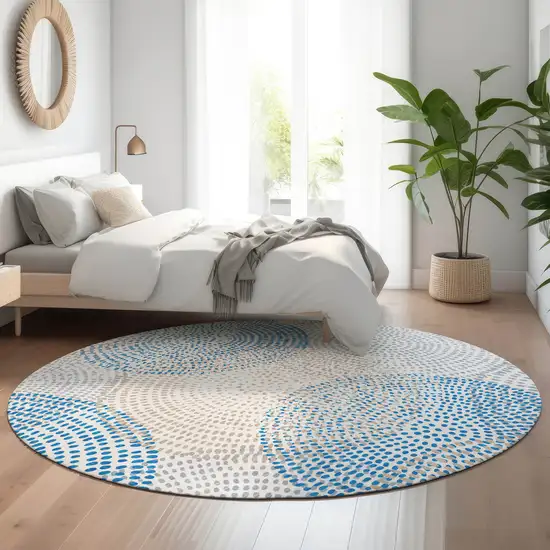 8' Ivory And Blue Abstract Washable Round Rug With UV Protection Photo 5