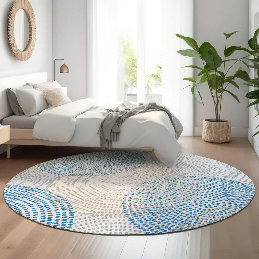 8' Ivory And Blue Abstract Washable Round Rug With UV Protection Photo 5
