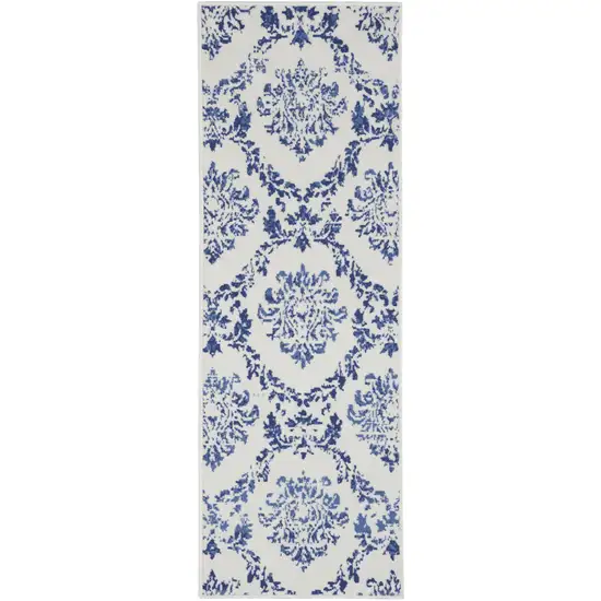 8' Ivory And Blue Damask Distressed Runner Rug Photo 2