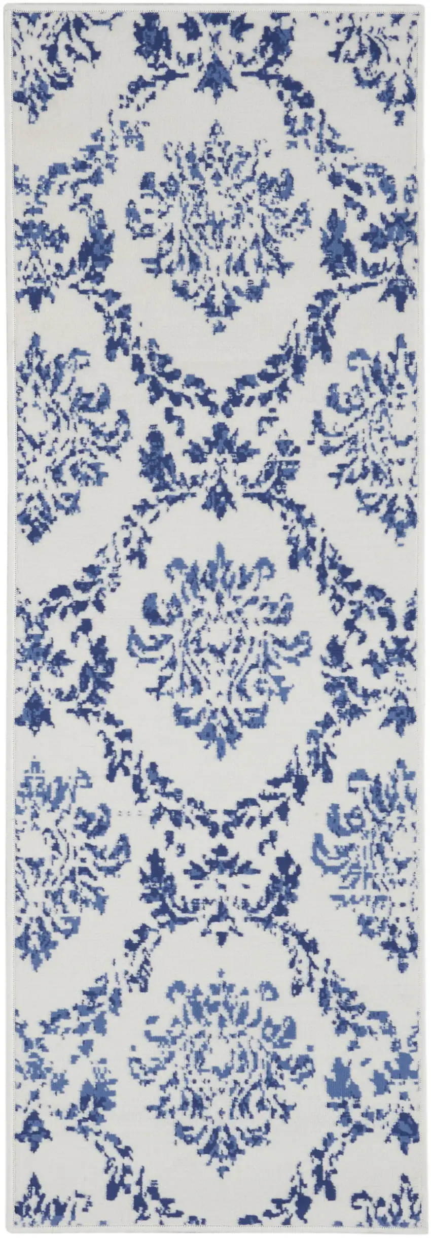 8' Ivory And Blue Damask Distressed Runner Rug Photo 2
