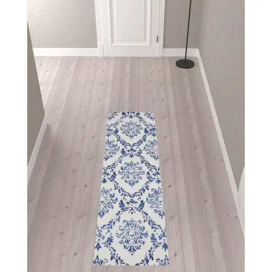 8' Ivory And Blue Damask Distressed Runner Rug Photo 1