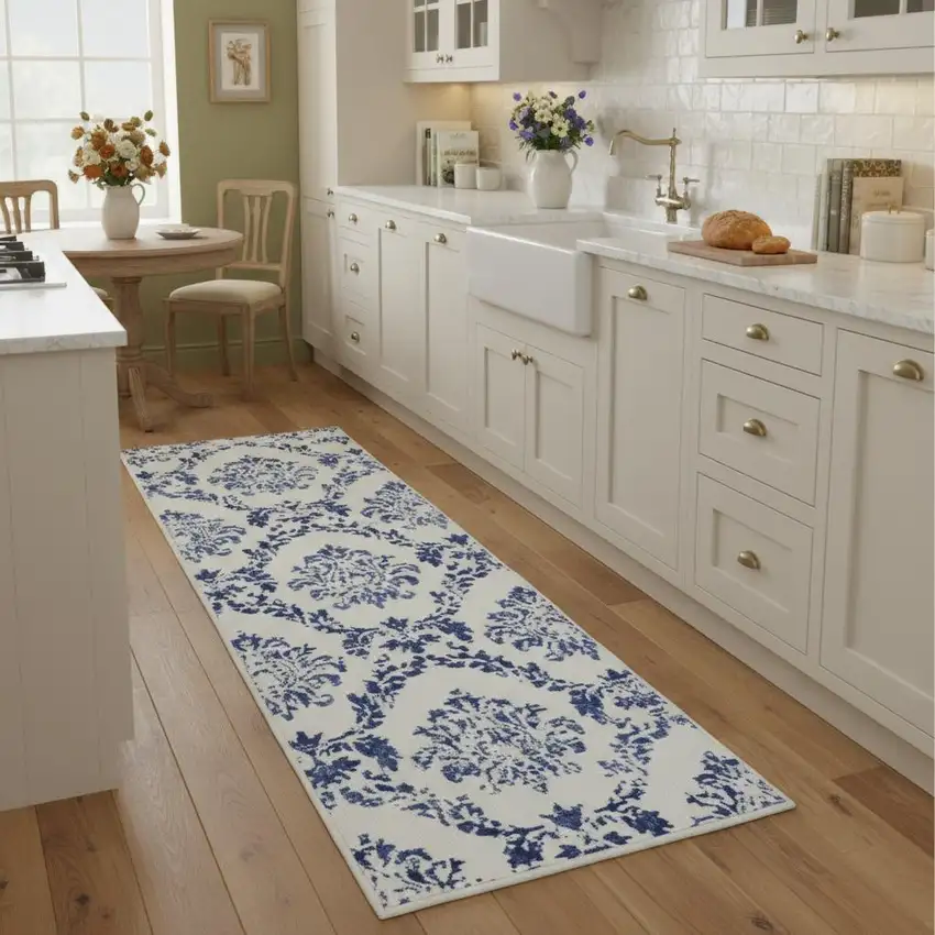 8' Ivory And Blue Damask Distressed Runner Rug Photo 1