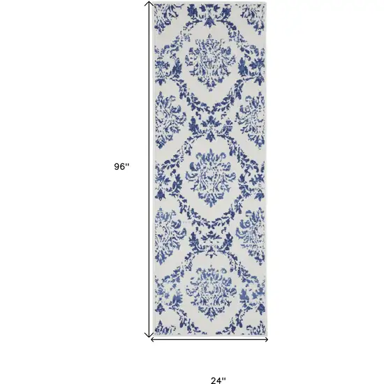 8' Ivory And Blue Damask Distressed Runner Rug Photo 3