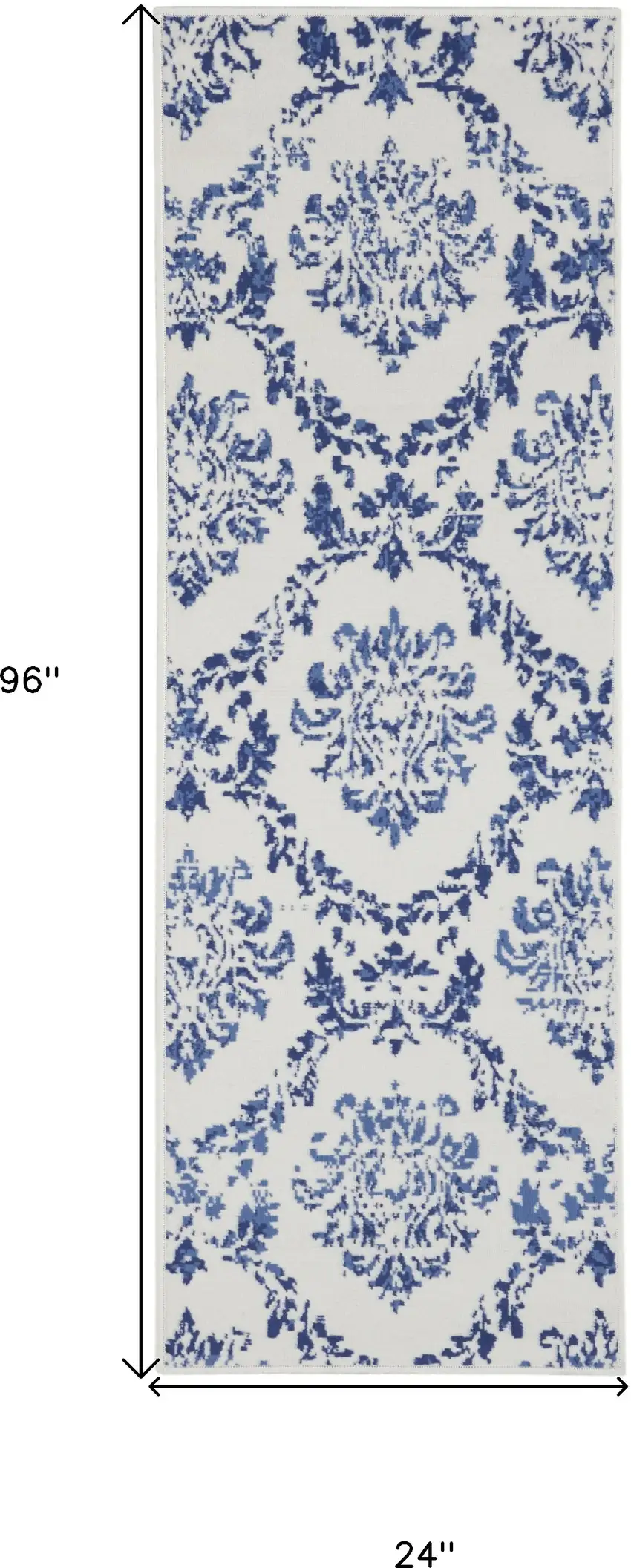 8' Ivory And Blue Damask Distressed Runner Rug Photo 3