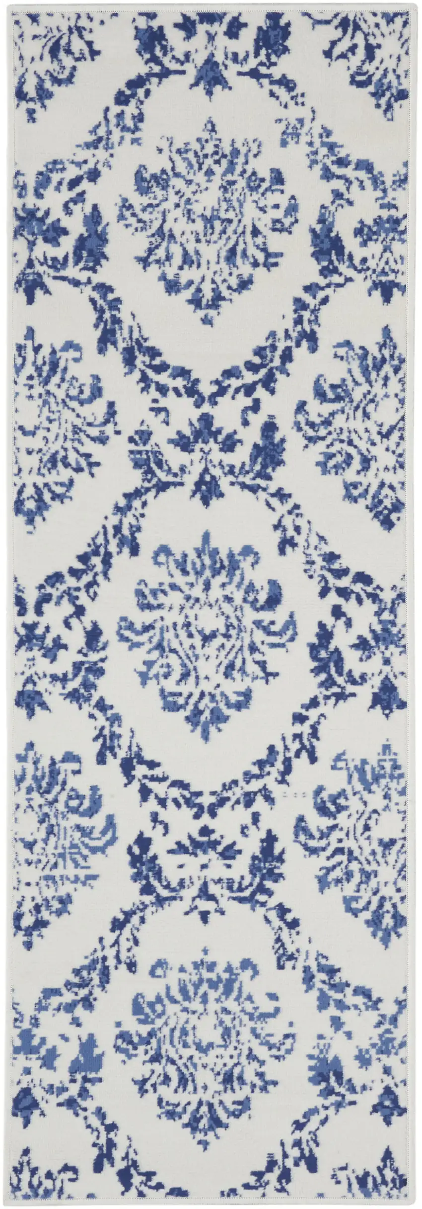 8' Ivory And Blue Damask Distressed Runner Rug Photo 7