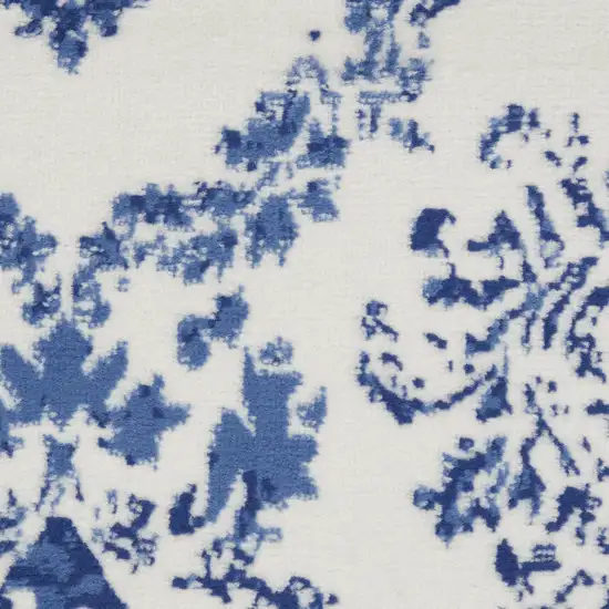 8' Ivory And Blue Damask Distressed Runner Rug Photo 3