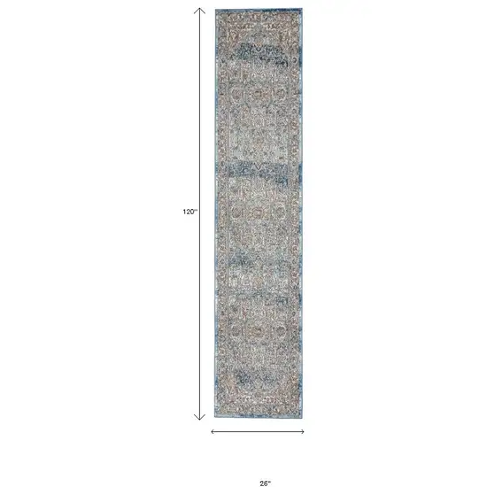10' Ivory And Blue Floral Distressed Runner Rug Photo 3