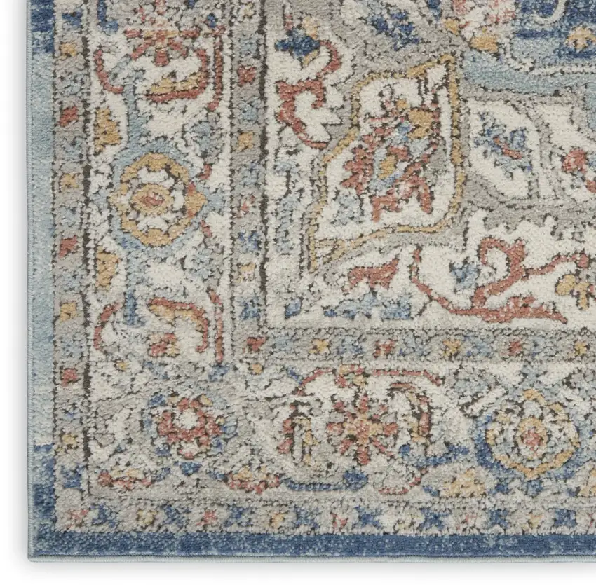 10' Ivory And Blue Floral Distressed Runner Rug Photo 8