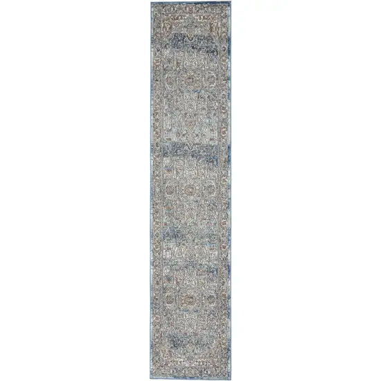 10' Ivory And Blue Floral Distressed Runner Rug Photo 4