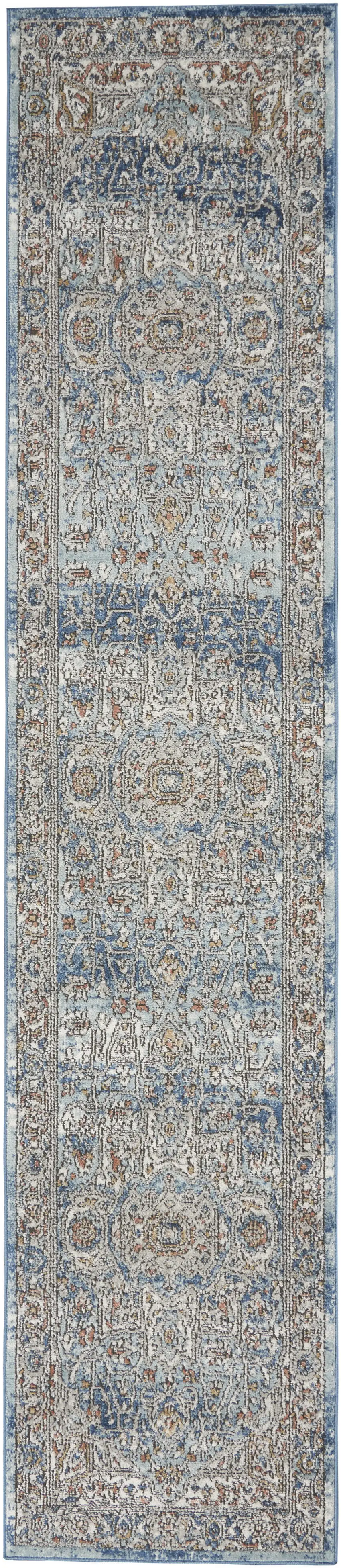 10' Ivory And Blue Floral Distressed Runner Rug Photo 4