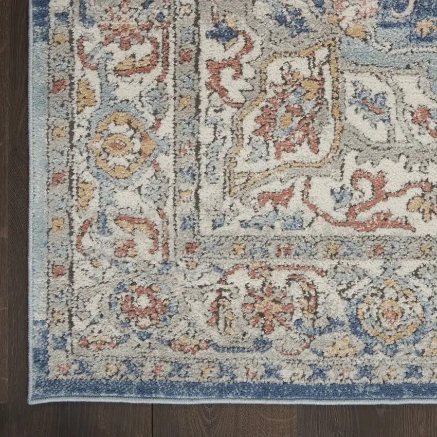 10' Ivory And Blue Floral Distressed Runner Rug Photo 9