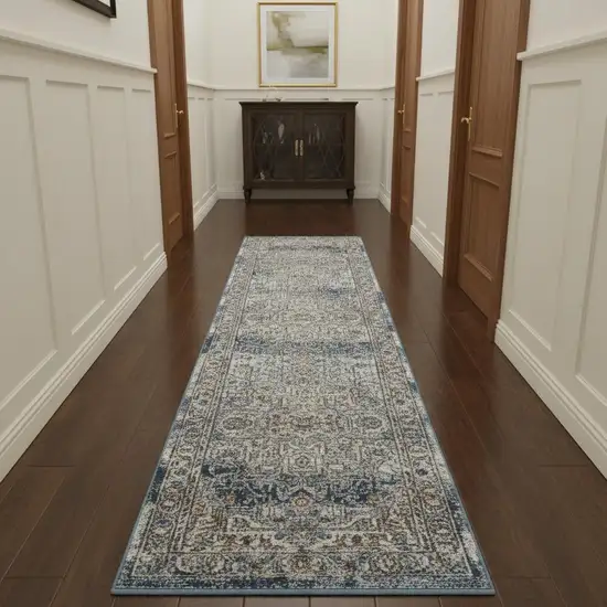 10' Ivory And Blue Floral Distressed Runner Rug Photo 1