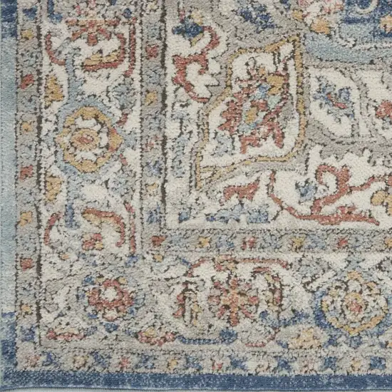 10' Ivory And Blue Floral Distressed Runner Rug Photo 8