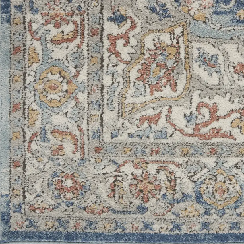 10' Ivory And Blue Floral Distressed Runner Rug Photo 8